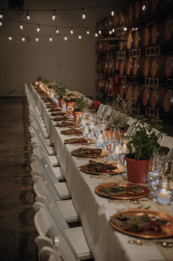 A wide shot of a tablescape with a wild & green theme. There are gold chargers at each place setting with sage green napkins, antique silverware, and lots of delicate glassware. There are candles and pots of herbs down the center of the table.