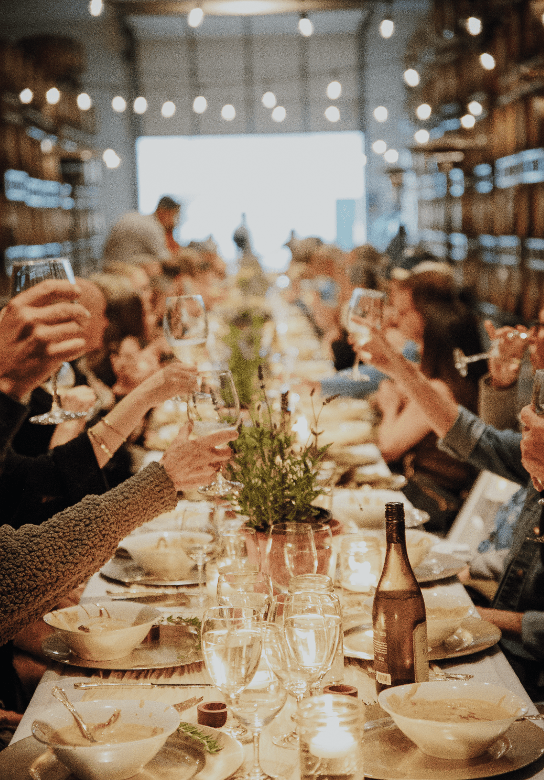 Guests at a long table at an Oregon Winery toasting and clinking glasses of wine.