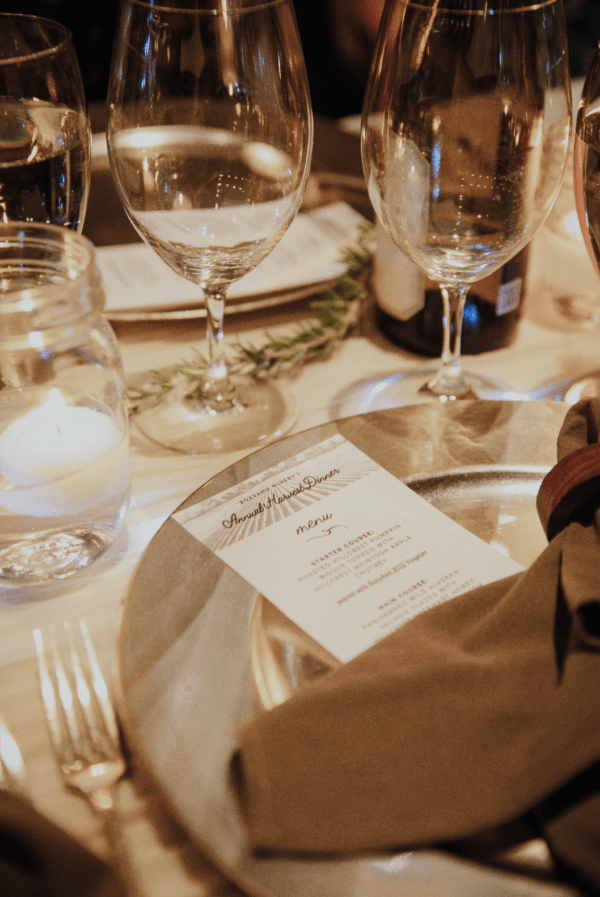 A closeup of the RoxyAnn Winery dinner setting and a menu.