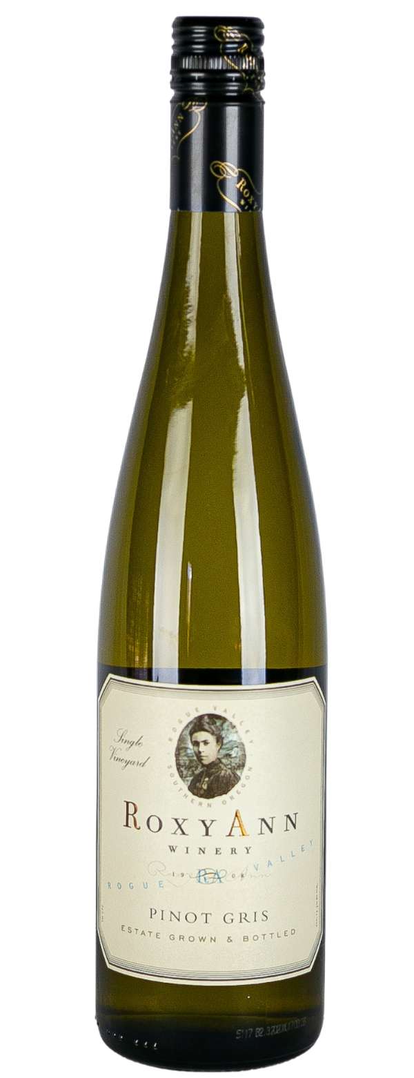 Bottle of RoxyAnn Winery Pinot Gris, a Southern Oregon white wine from a Medford, OR winery